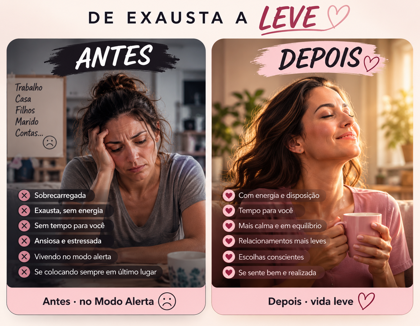 De exausta a leve — antes no Modo Alerta, depois vida leve.
